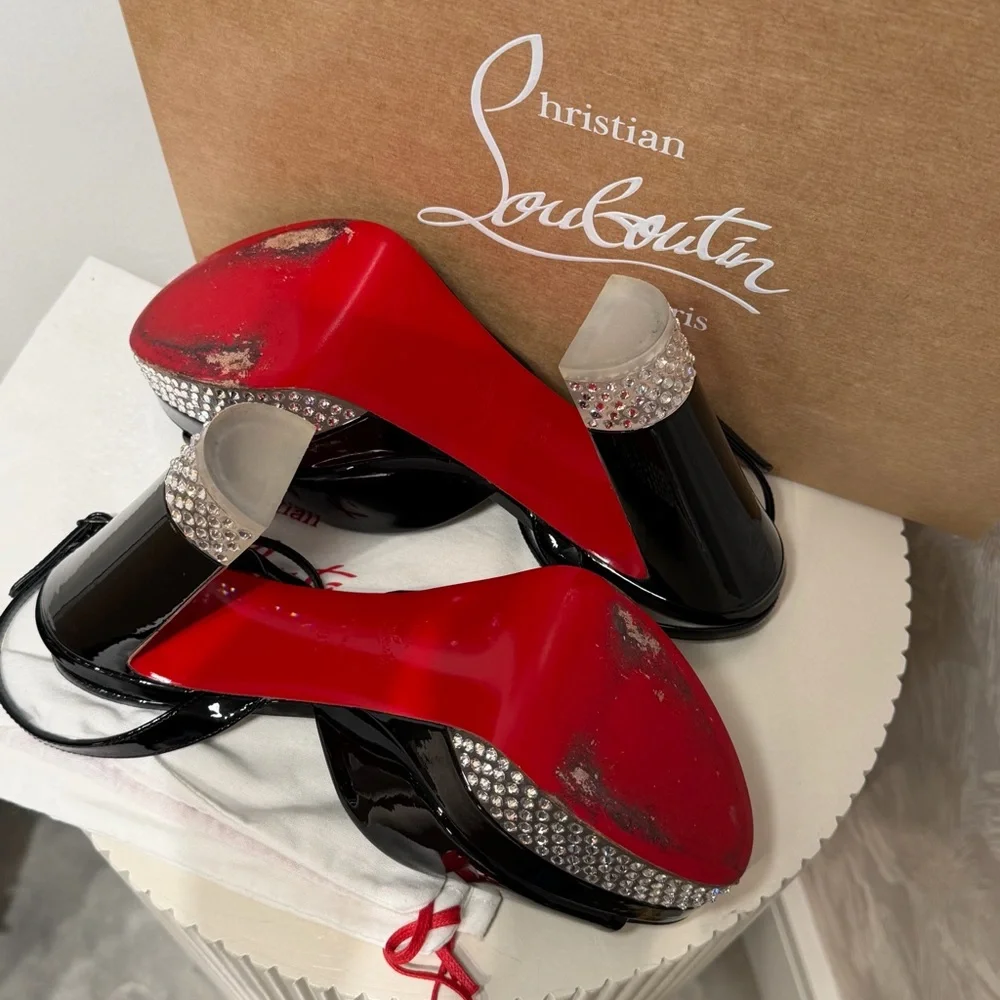 Christian Louboutin Black Patent Platform Sandals with Crystal Detail - Picture 4 of 4